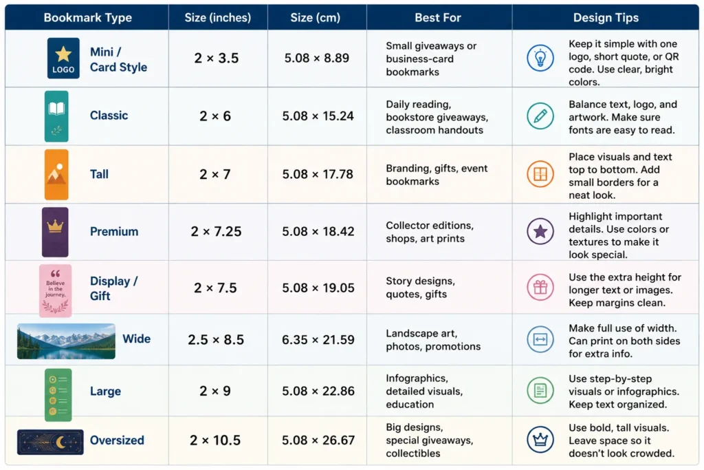 Standard bookmark sizes