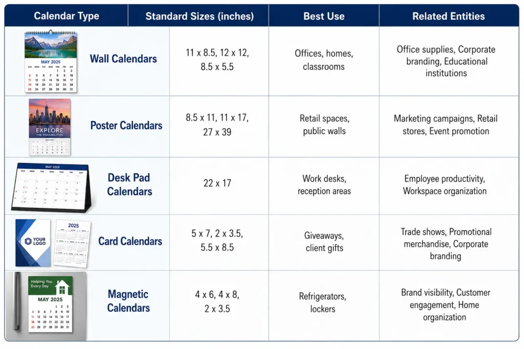 standard calendar sizes