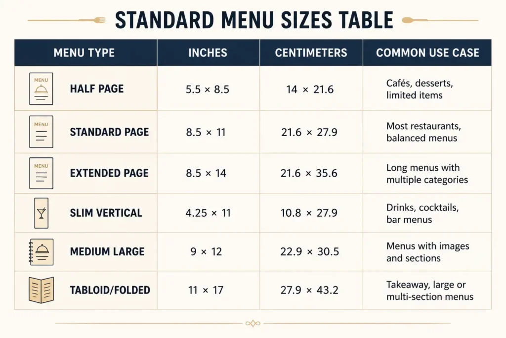 standard menu size